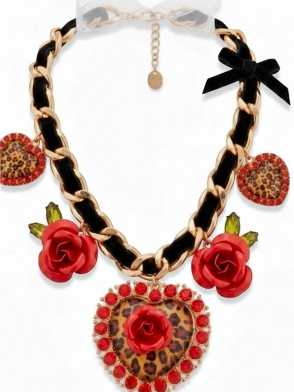Betsey Johnson Leopard Rose Heart Charm Bow Choker Necklace